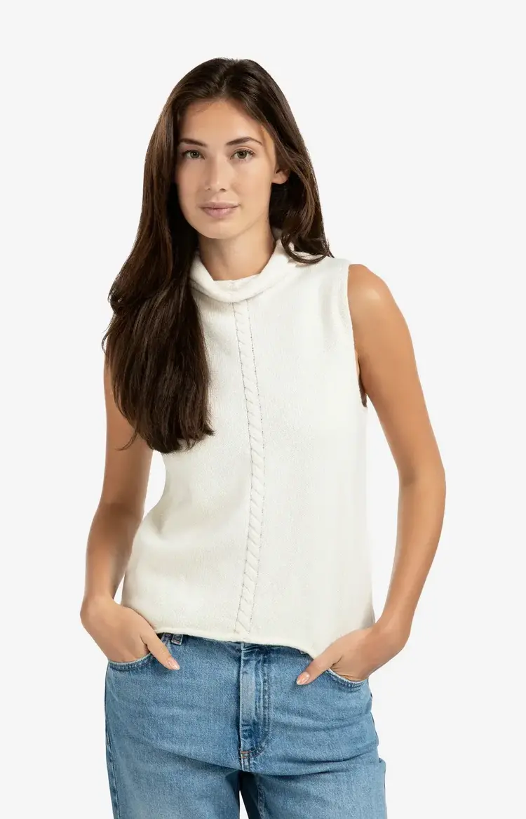 Yaya Cable High Neck Sleeveless Sweater Off White Knit