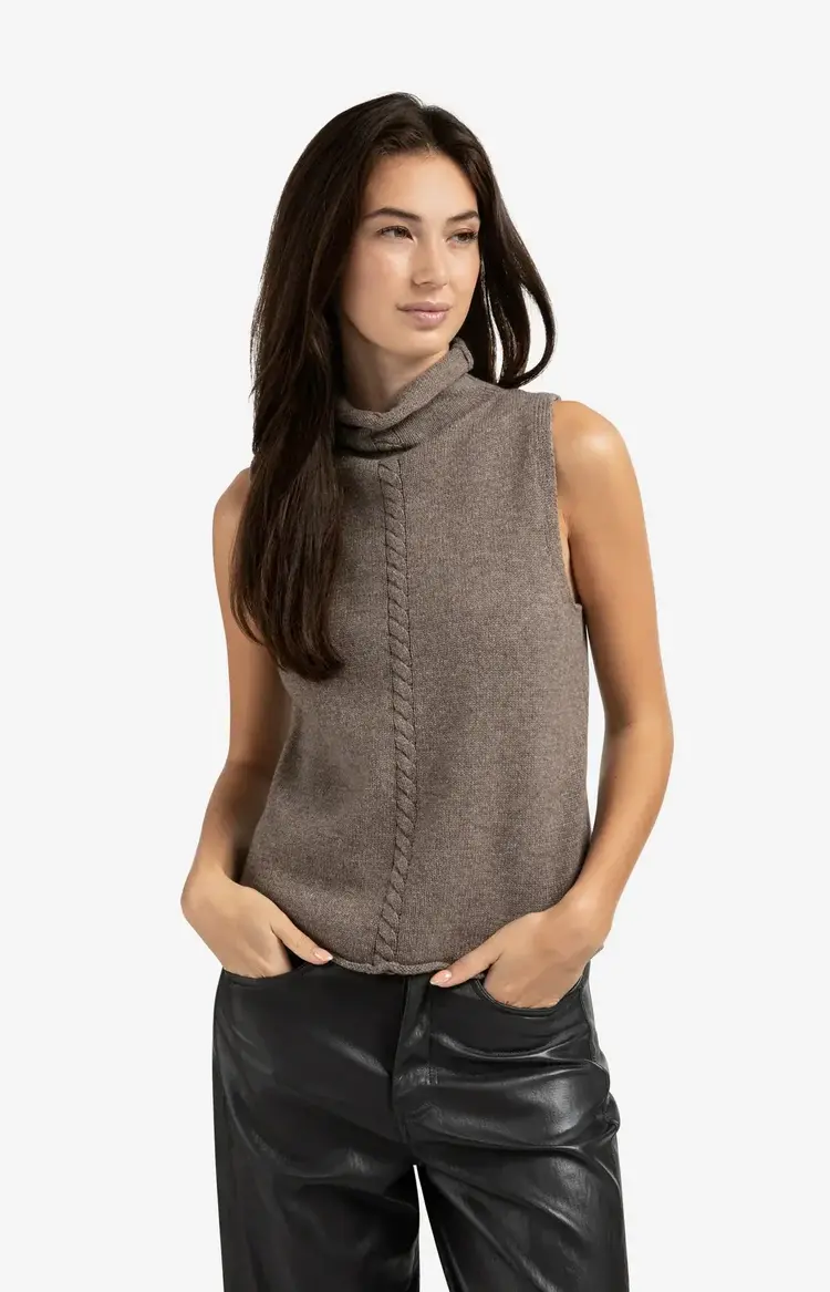 Yaya Cable High Neck Sleeveless Sweater Brown Melange