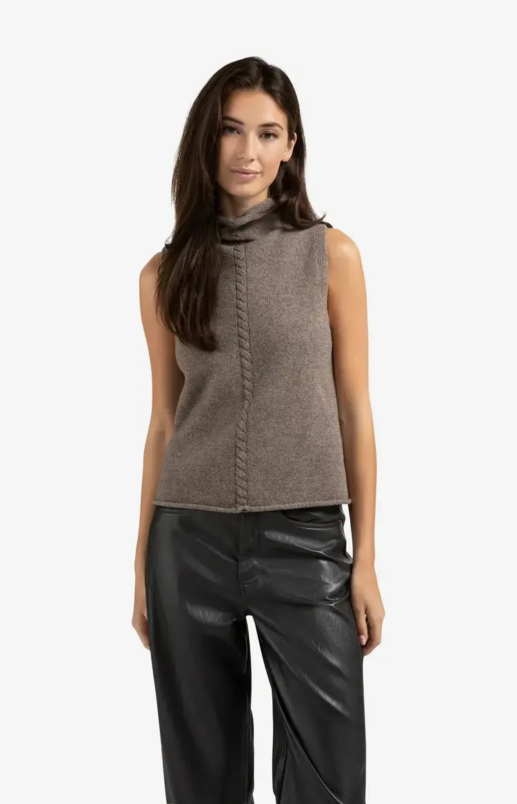 Yaya Cable High Neck Sleeveless Sweater Brown Melange