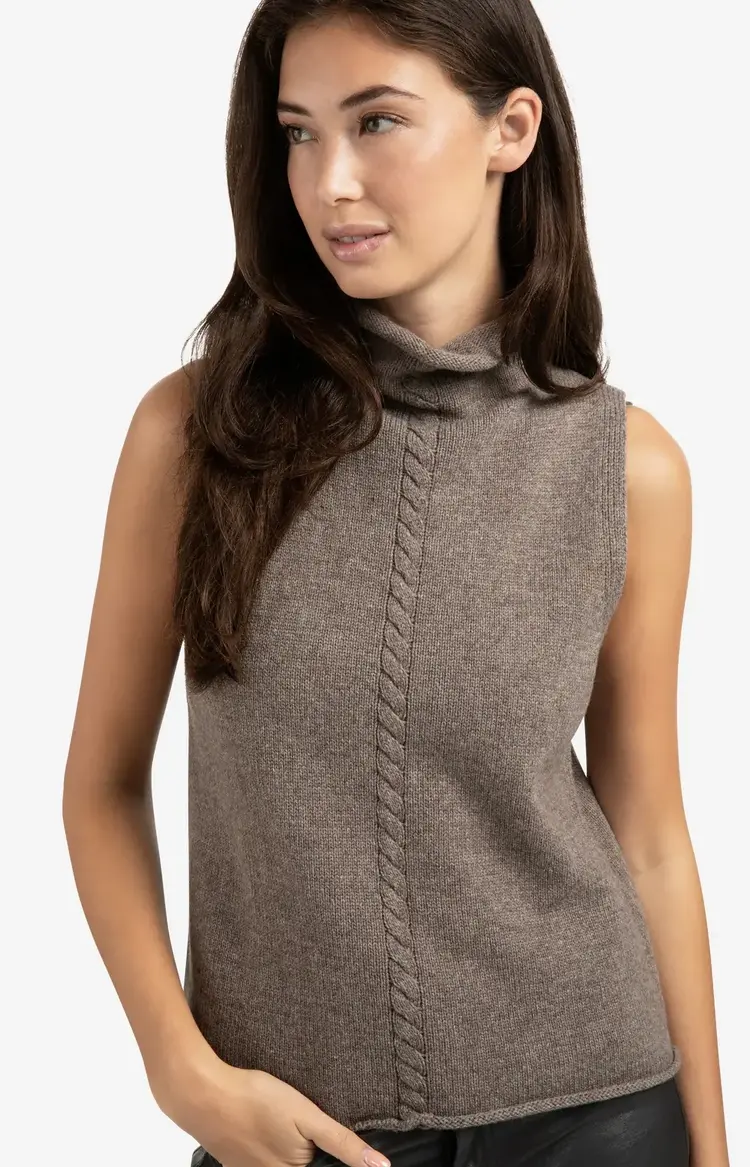 Yaya Cable High Neck Sleeveless Sweater Brown Melange
