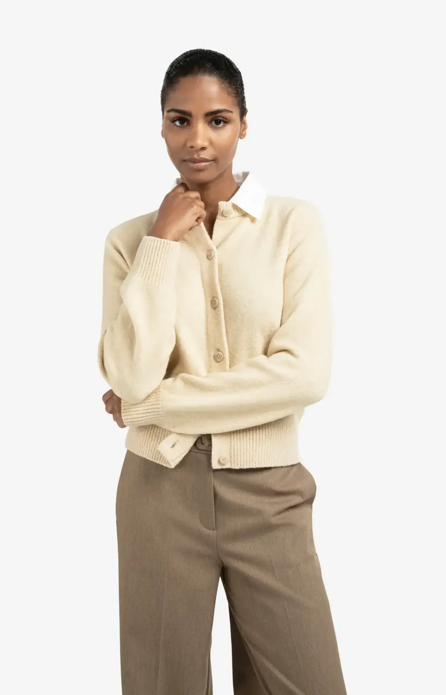 Yaya | Cardigan with Detachable Woven Collar Yellow Sand Beige