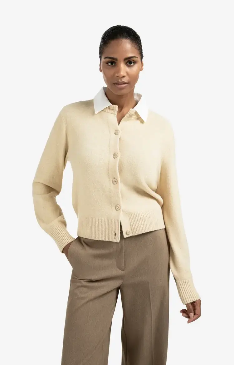 Yaya Cardigan with Detachable Woven Collar Yellow Sand Beige Melange