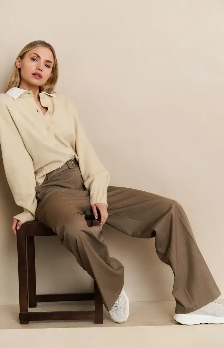 Yaya Cardigan with Detachable Woven Collar Yellow Sand Beige Melange