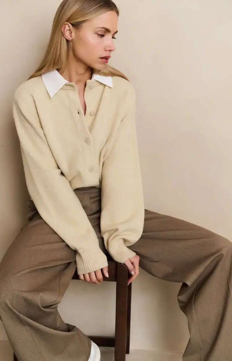 Yaya Cardigan with Detachable Woven Collar Yellow Sand Beige Melange