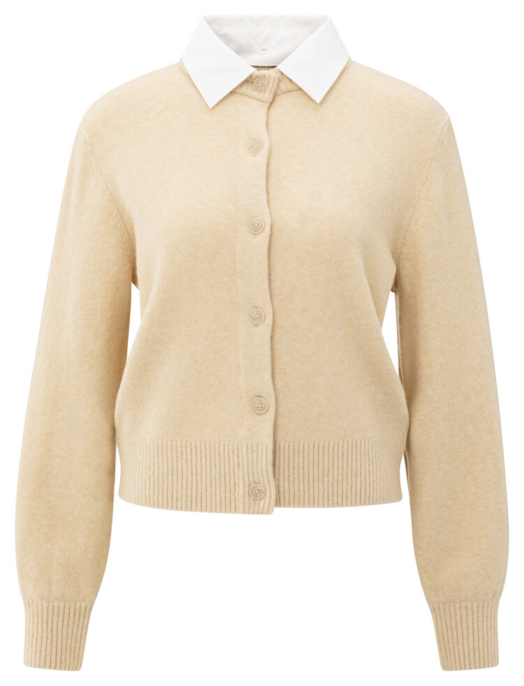 Yaya Cardigan with Detachable Woven Collar Yellow Sand Beige Melange