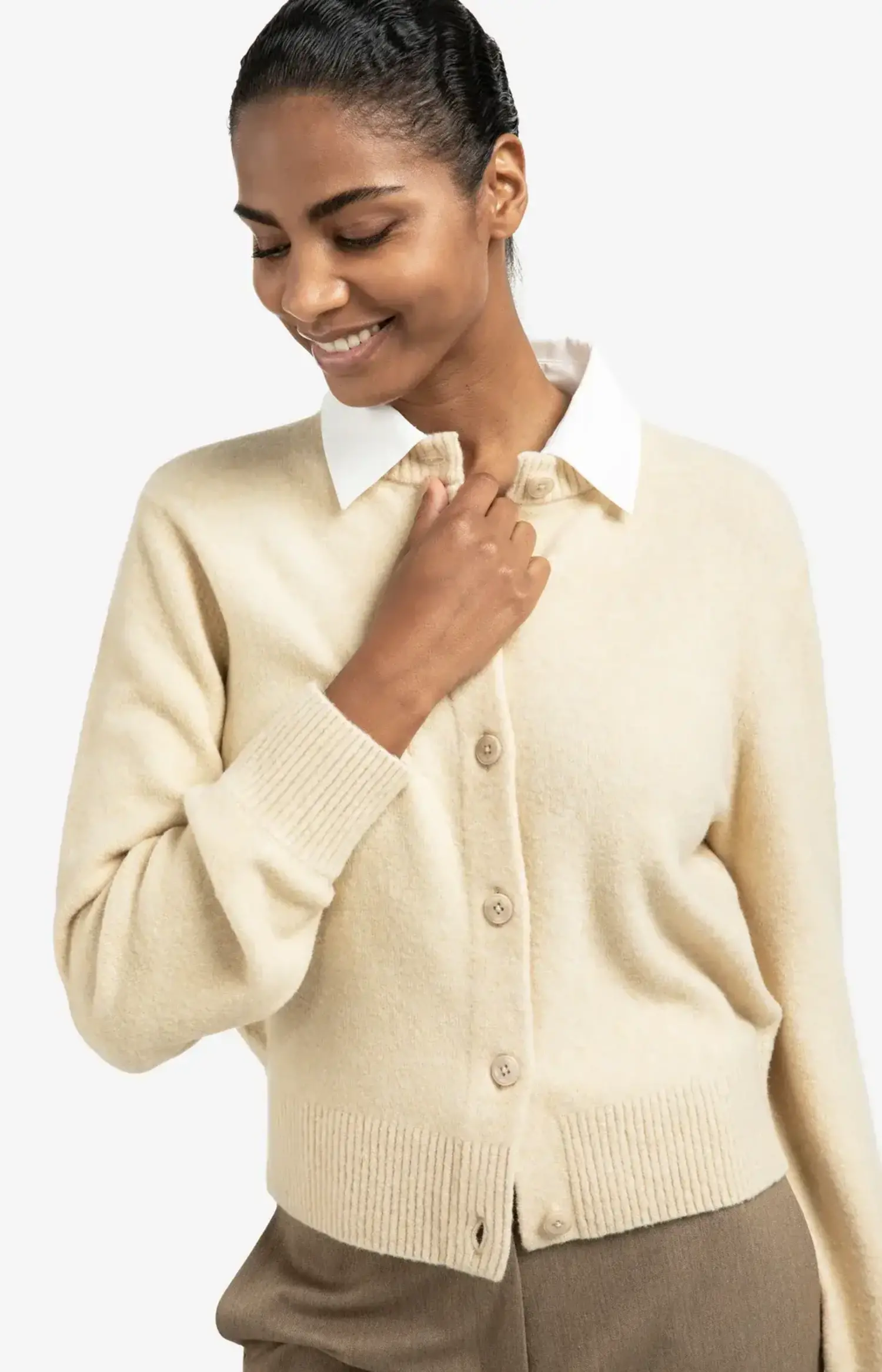 Yaya | Cardigan with Detachable Woven Collar Yellow Sand Beige