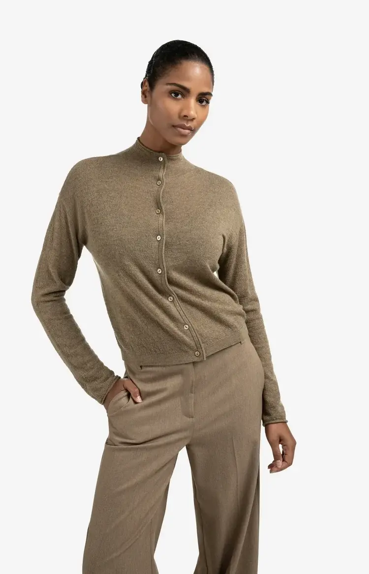 Yaya Knitted Cardigan with High Neckline Capers Melange