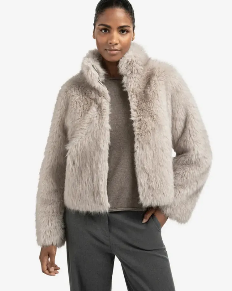 Yaya Faux fur Jacket with Stand-up Collar Light Grey