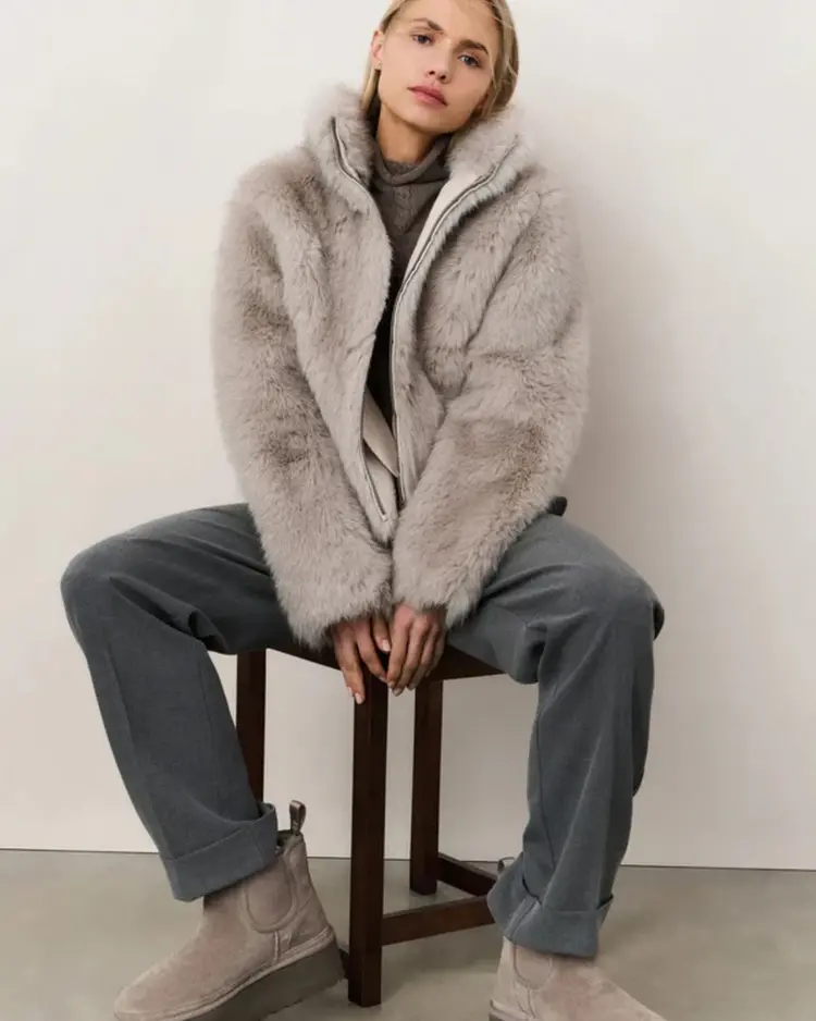 Yaya Faux fur Jacket with Stand-up Collar Light Grey