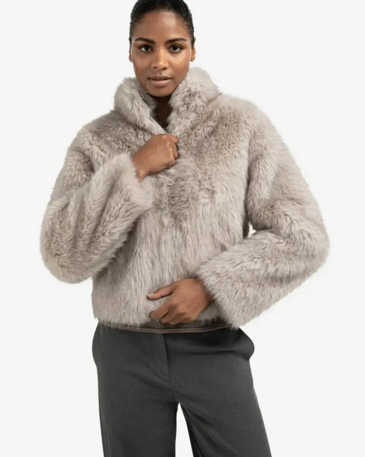 Yaya Faux fur Jacket with Stand-up Collar Light Grey