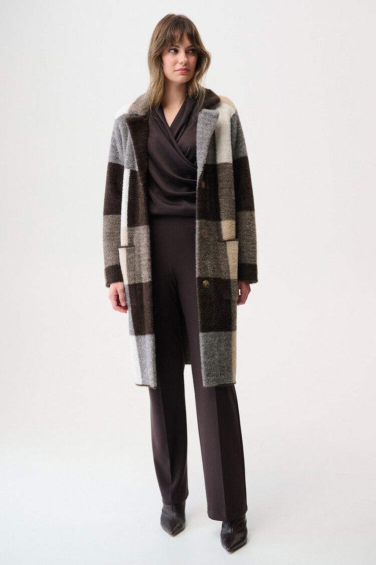 Joseph Ribkoff Feather Yarn Abstract Print Sweater Coat Mocha/Multi