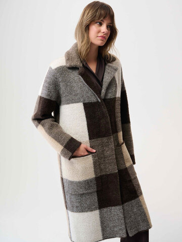 Joseph Ribkoff Feather Yarn Abstract Print Sweater Coat Mocha/Multi