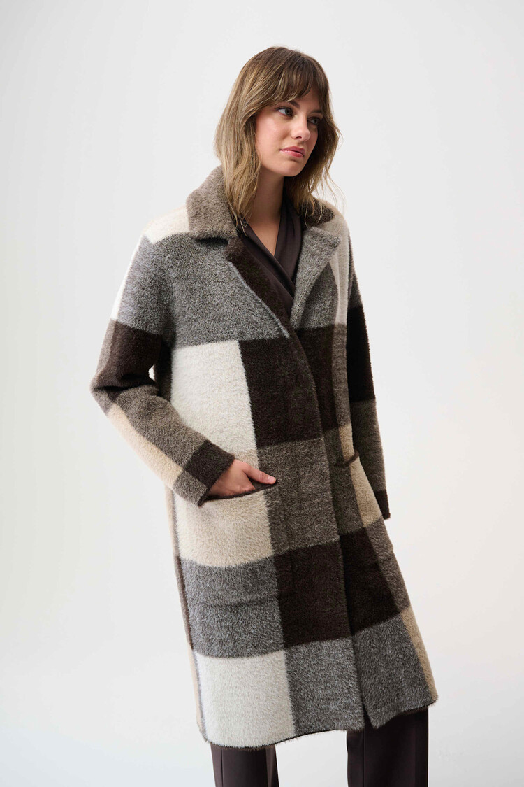 Joseph Ribkoff Feather Yarn Abstract Print Sweater Coat Mocha/Multi