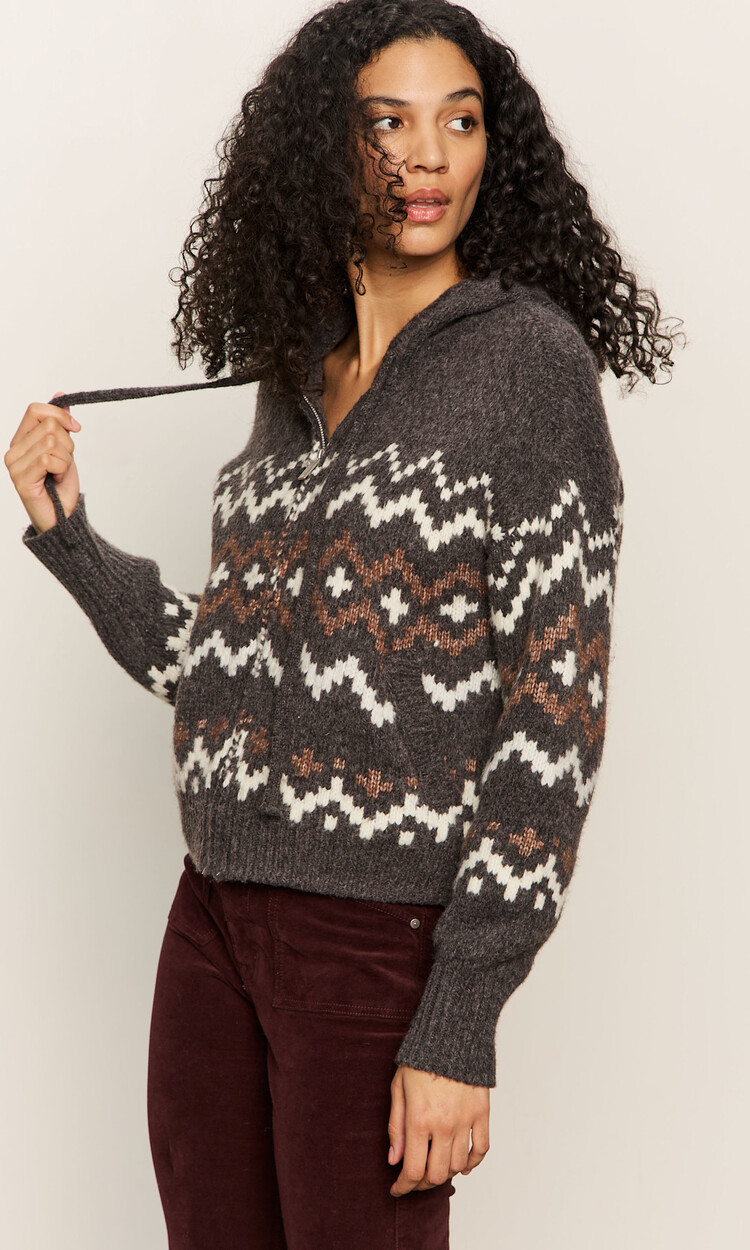Sanctuary Zip-Up Fairisle Hoodie Mocha Fairisle