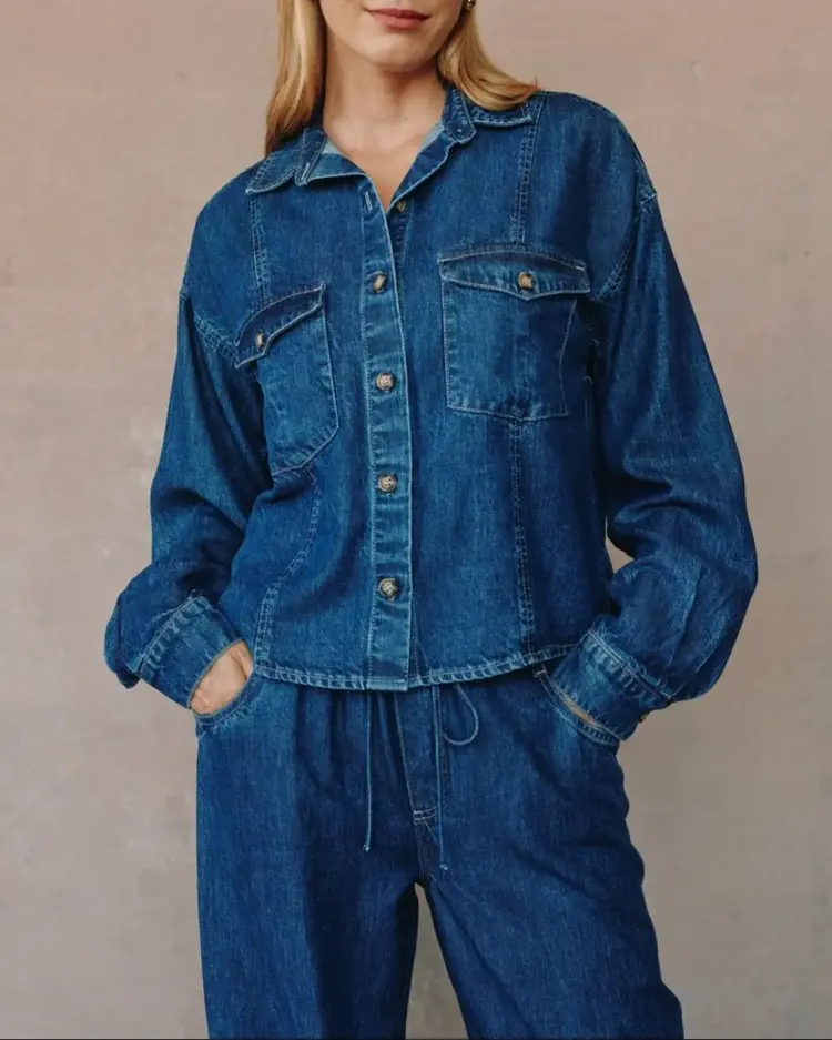 Bella Dahl Seamed Flap Pocket Shacket Deep Blue Rinse