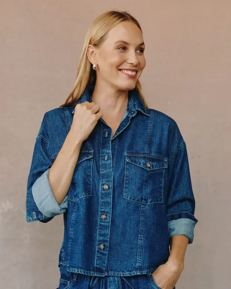 Bella Dahl Seamed Flap Pocket Shacket Deep Blue Rinse