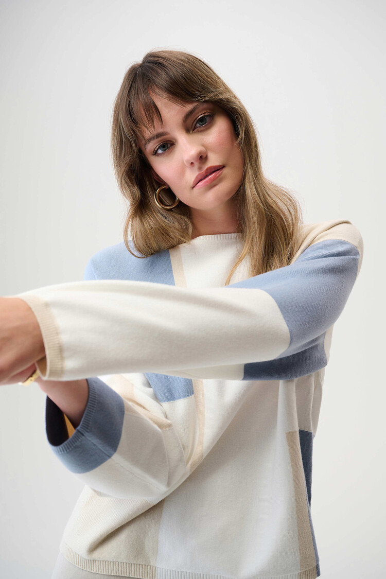 Joseph Ribkoff Brushed Viscose Yarn Color Block Sweater Winter White/Birch/Chambray