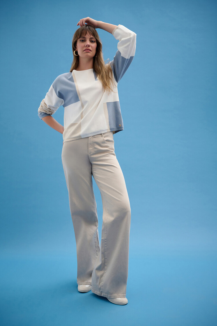 Joseph Ribkoff Brushed Viscose Yarn Color Block Sweater Winter White/Birch/Chambray