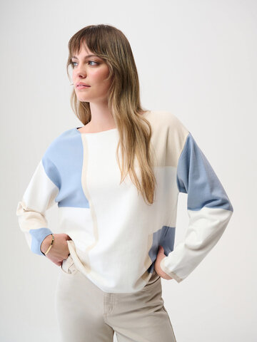Joseph Ribkoff Brushed Viscose Yarn Color Block Sweater Winter White/Birch/Chambray