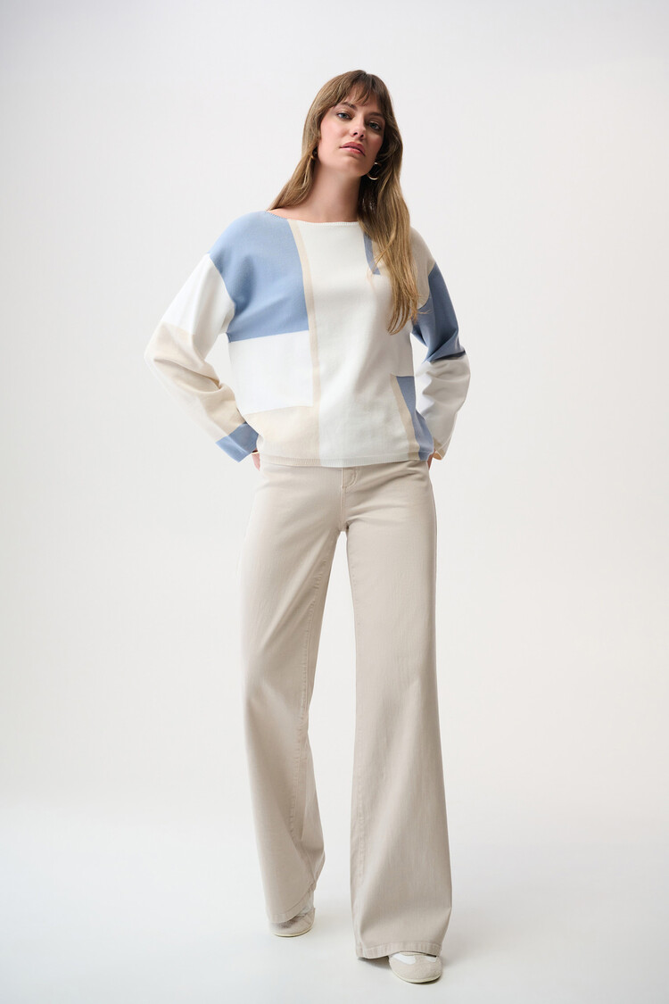 Joseph Ribkoff Brushed Viscose Yarn Color Block Sweater Winter White/Birch/Chambray