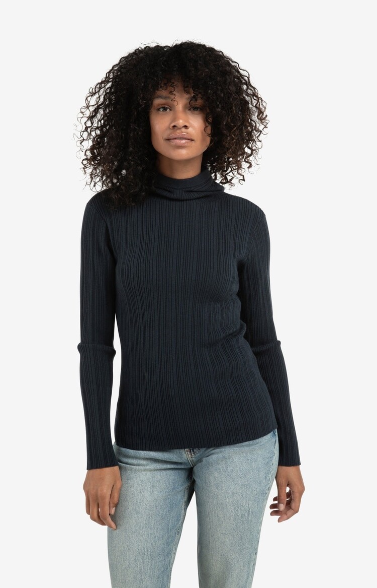 Yaya Fitted Ribbed Sweater with Hood and High Neck Collegiate Blue