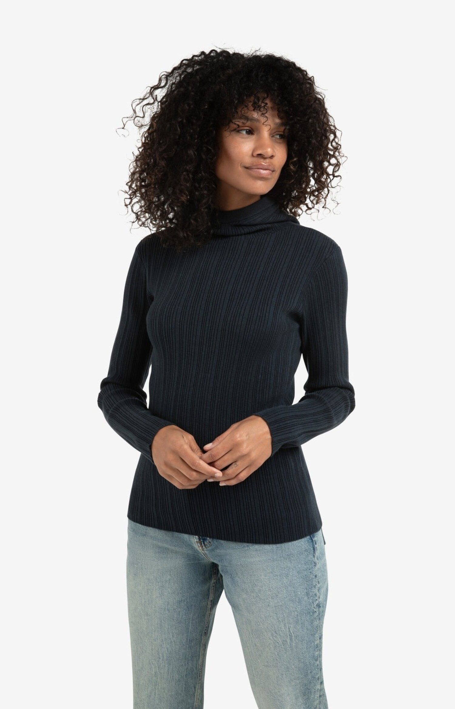 Yaya | Fitted Ribbed Sweater with Hood and High Neck Collegiate