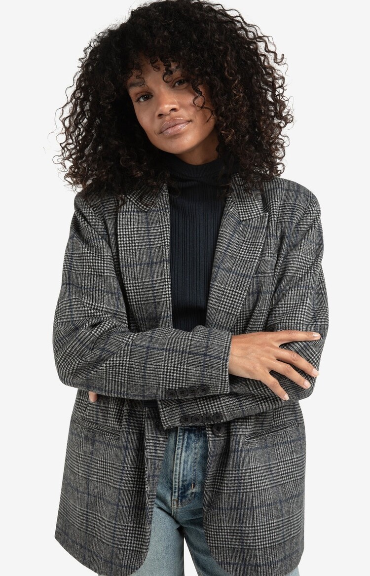 Yaya Oversized Checked Blazer with Button Closure Contours Gray Dessin