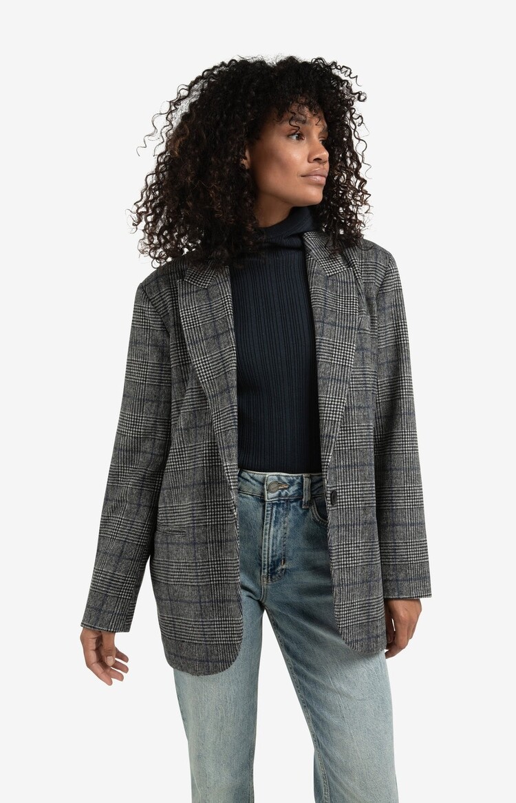 Yaya Oversized Checked Blazer with Button Closure Contours Gray Dessin