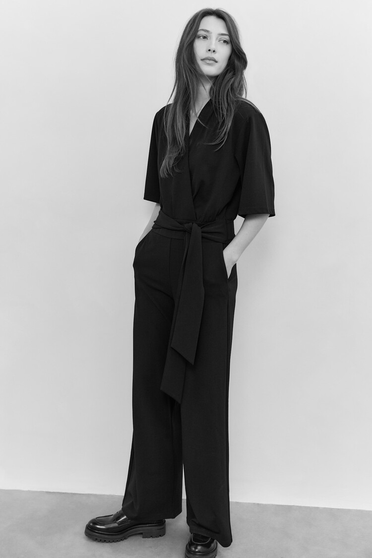 Yaya Jersey Shortsleeve Jumpsuit with Belt Black