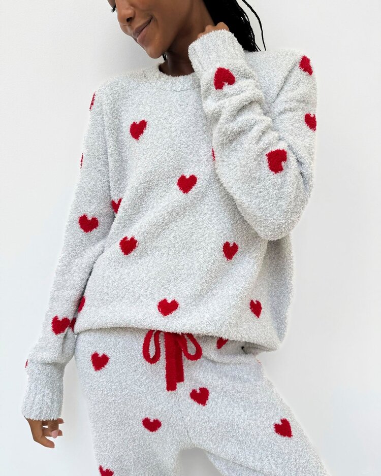 Splendid Fuzzy Sweater PJ Set Heather Grey/Red Hearts