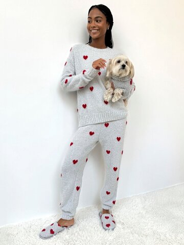 Splendid Fuzzy Sweater PJ Set Heather Grey/Red Hearts