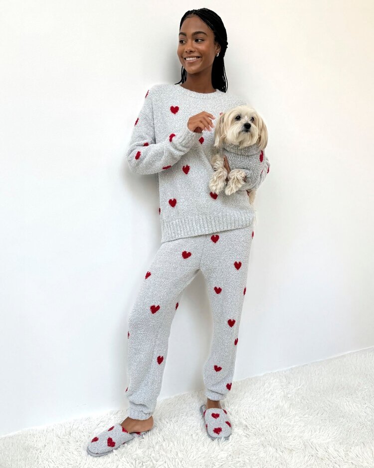 Splendid Fuzzy Sweater PJ Set Heather Grey/Red Hearts