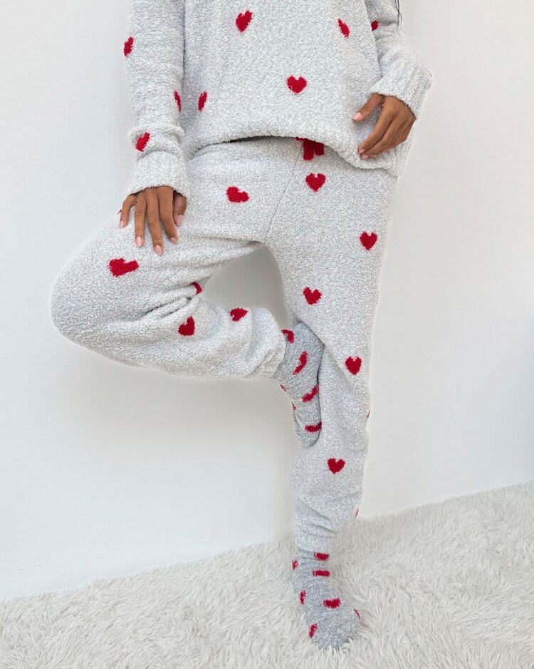 Splendid Fuzzy Sweater PJ Set Heather Grey/Red Hearts