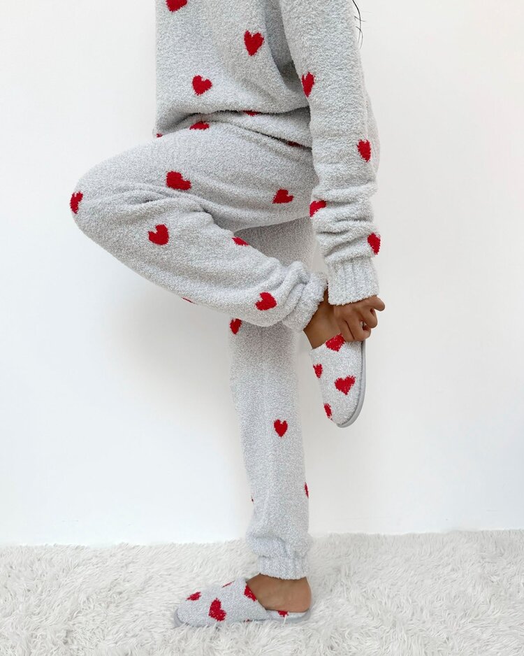 Splendid Fuzzy Sweater PJ Set Heather Grey/Red Hearts