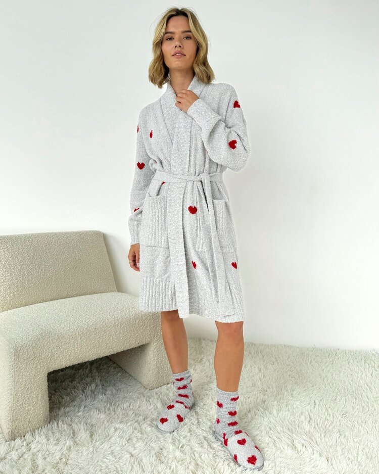 Splendid Fuzzy Yarn Hearts Robe Heather Grey/Red Hearts