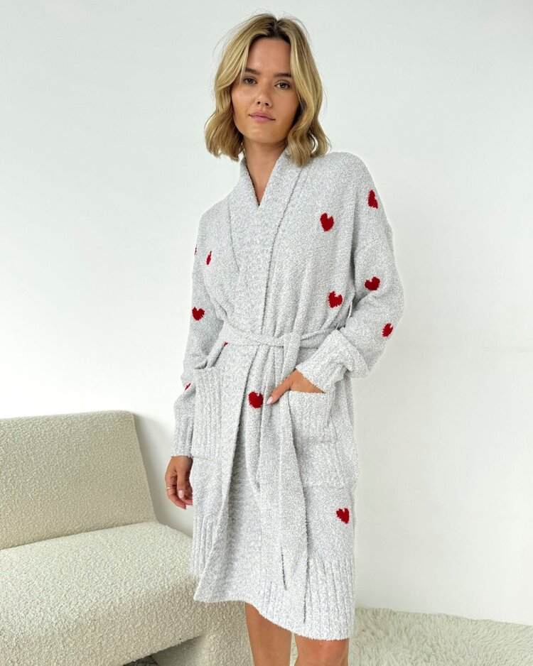 Splendid Fuzzy Yarn Hearts Robe Heather Grey/Red Hearts