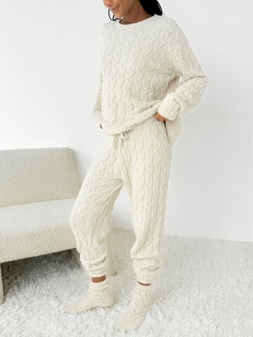 Splendid Fuzzy Cable Knit Sweater PJ Set Ivory