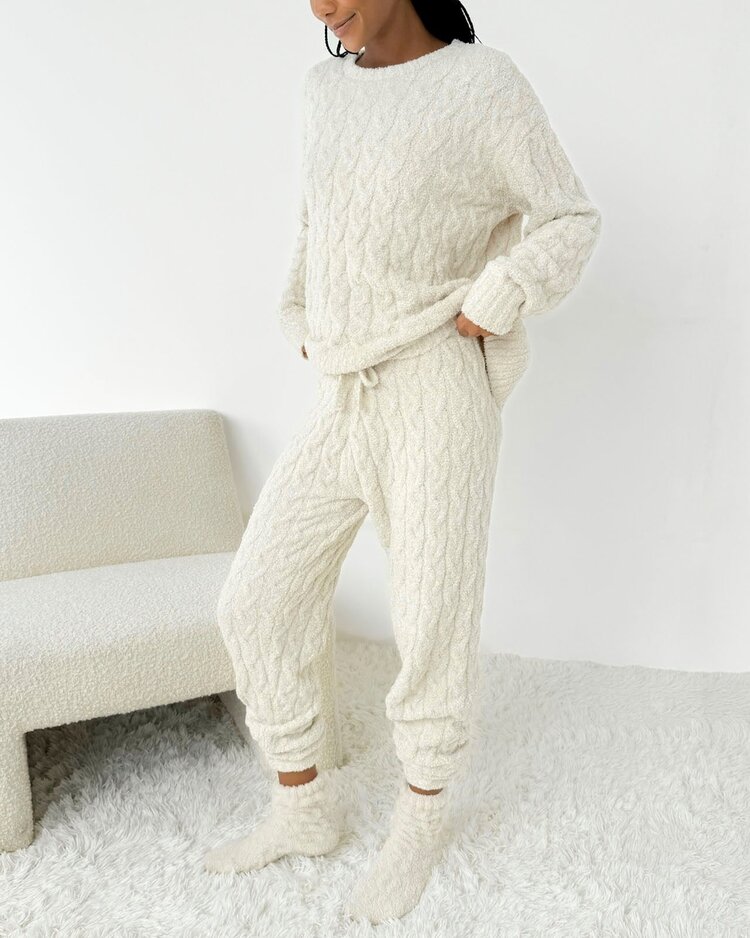 Splendid Fuzzy Cable Knit Sweater PJ Set Ivory