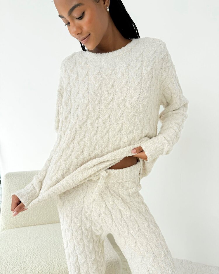 Splendid Fuzzy Cable Knit Sweater PJ Set Ivory