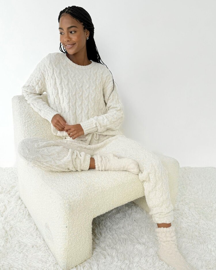 Splendid Fuzzy Cable Knit Sweater PJ Set Ivory