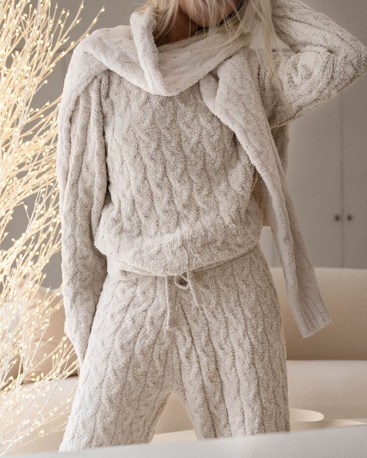 Splendid Fuzzy Cable Knit Sweater PJ Set Ivory