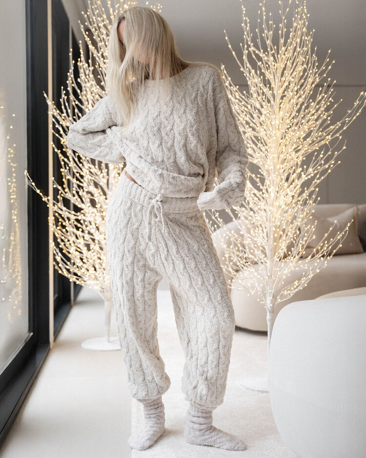 Splendid Fuzzy Cable Knit Sweater PJ Set Ivory