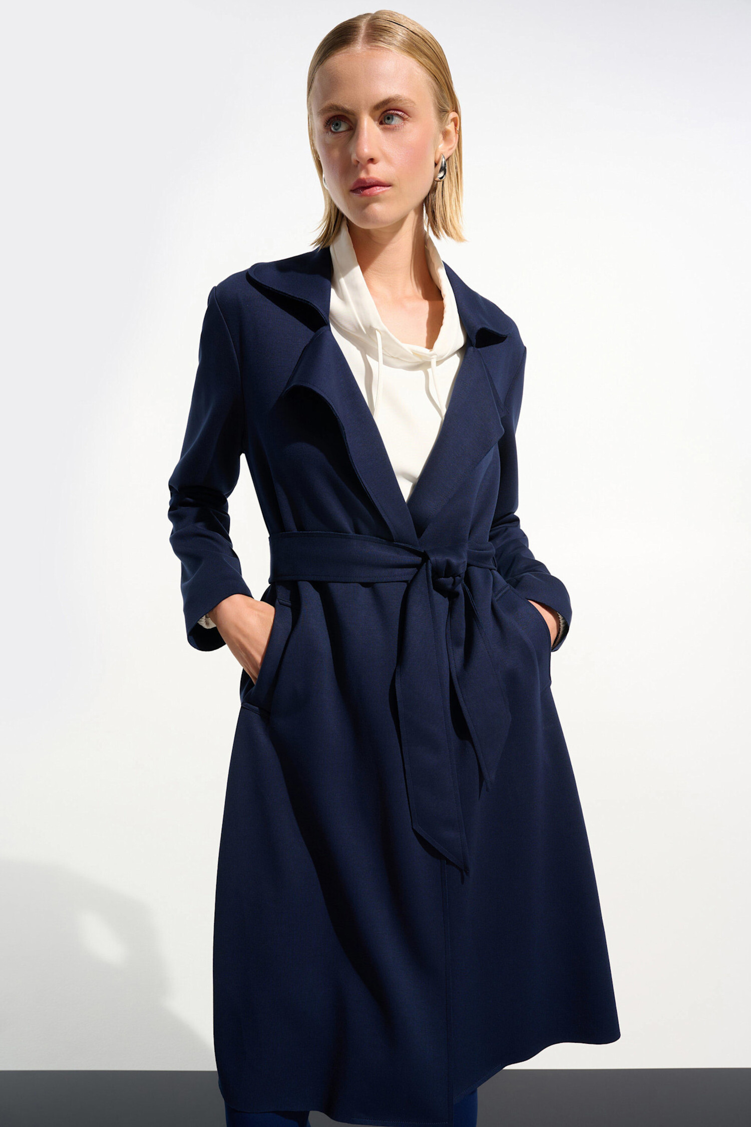 Joseph Ribkoff | Scuba Jersey Straight Coat With Sash Indigo