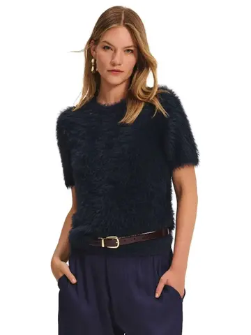 Velvet Feather Yarn Sweater Navy