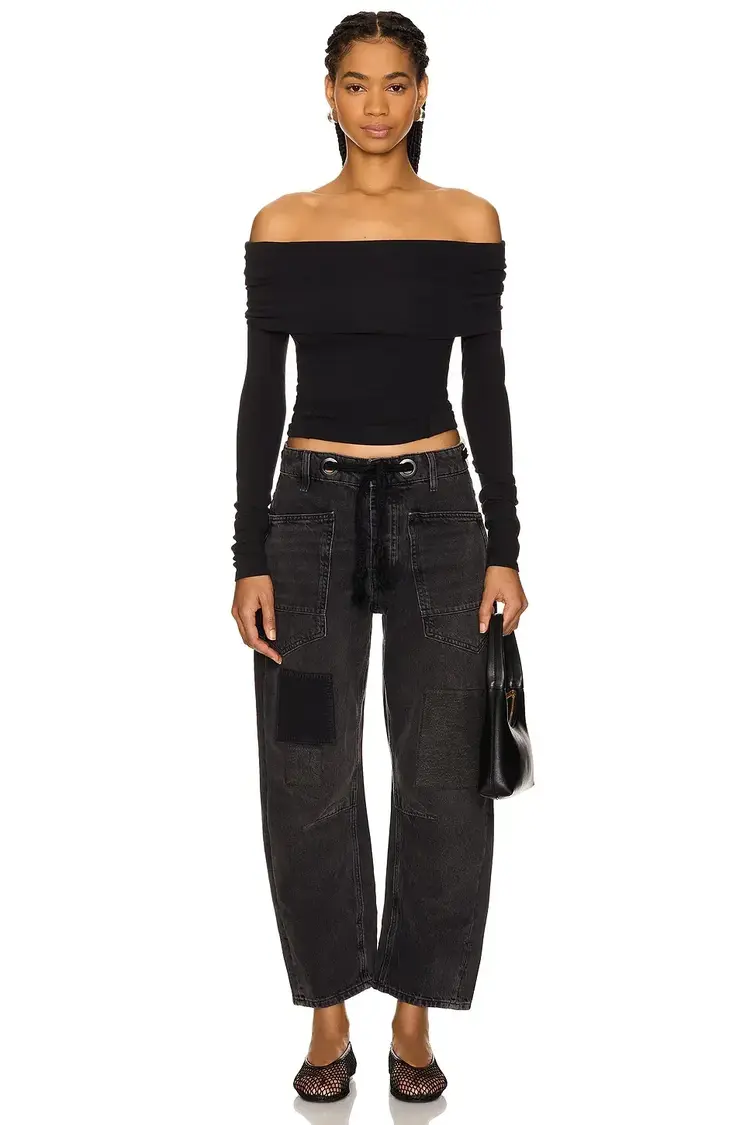 Free People Moxie Low Slung Pull On Barrel Wide Leg Jeans Nighthawk