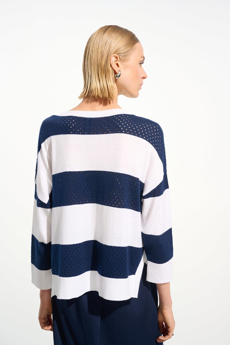 Joseph Ribkoff Cotton Blend Stripe Print Crewneck Sweater Vanilla/Indigo