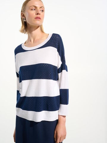Joseph Ribkoff Cotton Blend Stripe Print Crewneck Sweater Vanilla/Indigo