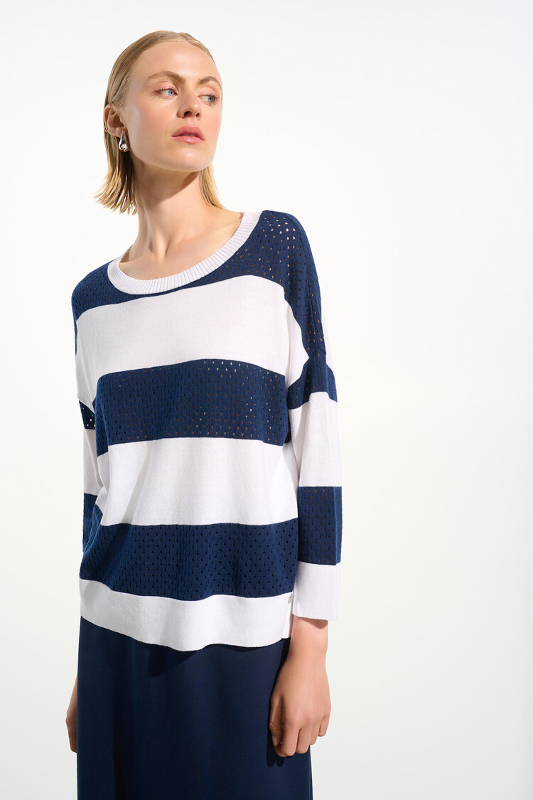 Joseph Ribkoff Cotton Blend Stripe Print Crewneck Sweater Vanilla/Indigo