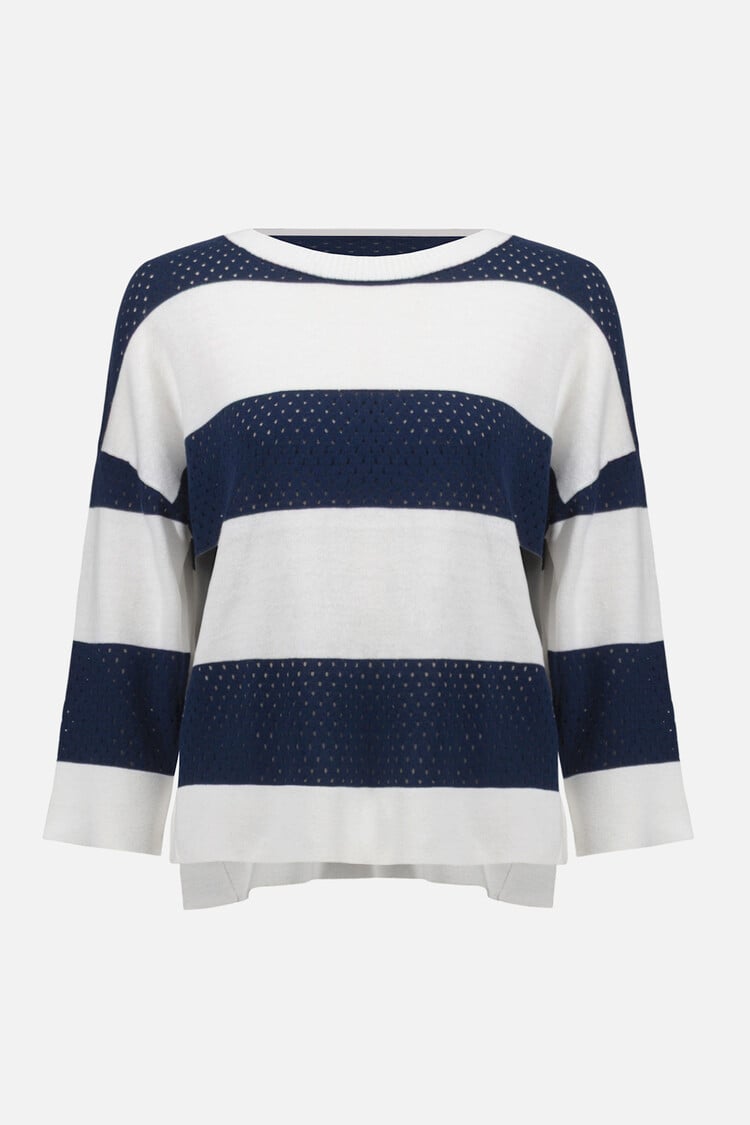 Joseph Ribkoff Cotton Blend Stripe Print Crewneck Sweater Vanilla/Indigo