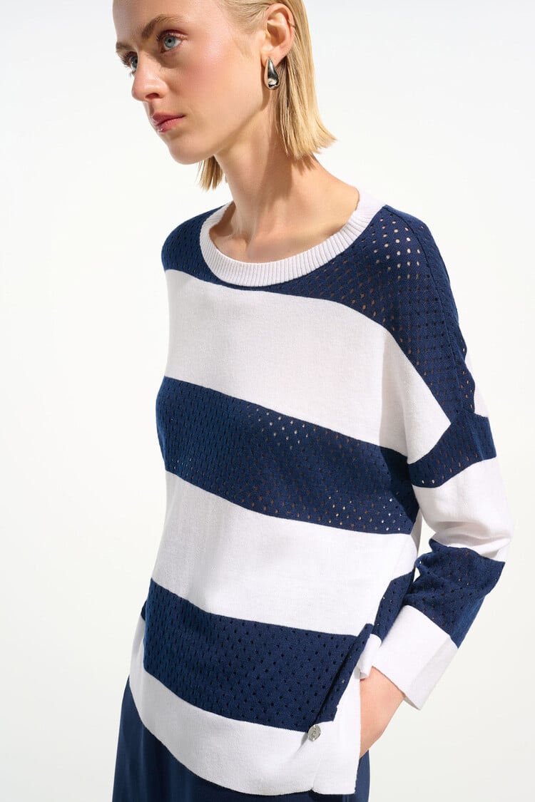 Joseph Ribkoff Cotton Blend Stripe Print Crewneck Sweater Vanilla/Indigo